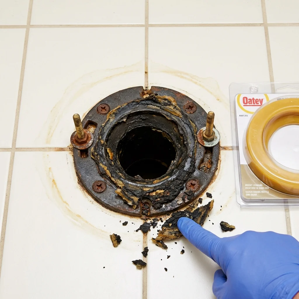Failed wax ring showing water seepage at the base of a toilet in a Somerville, TX home