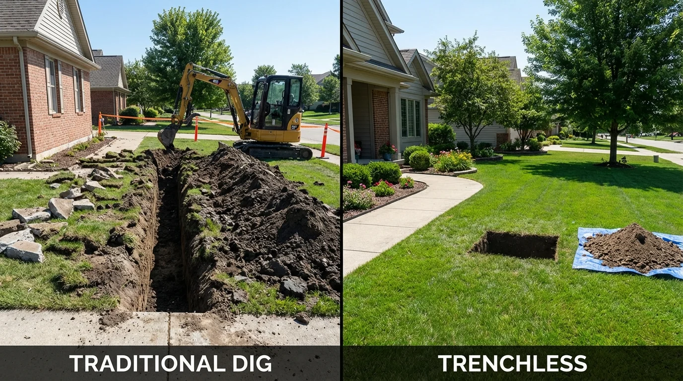 Trenchless sewer repair with minimal yard damage versus traditional excavation in Somerville, TX