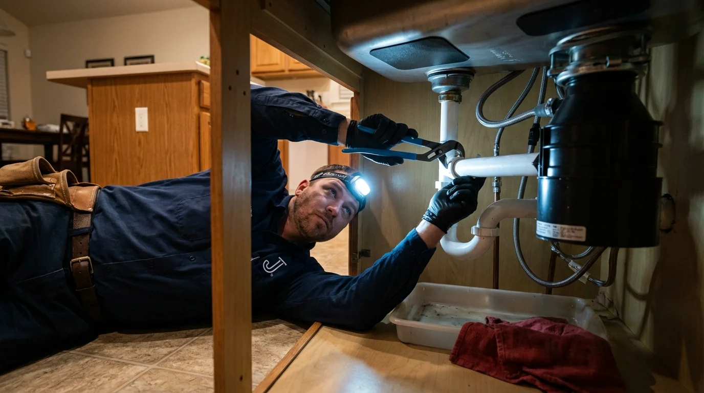 P-trap and supply line connections under a kitchen sink showing a common leak point in Somerville, TX